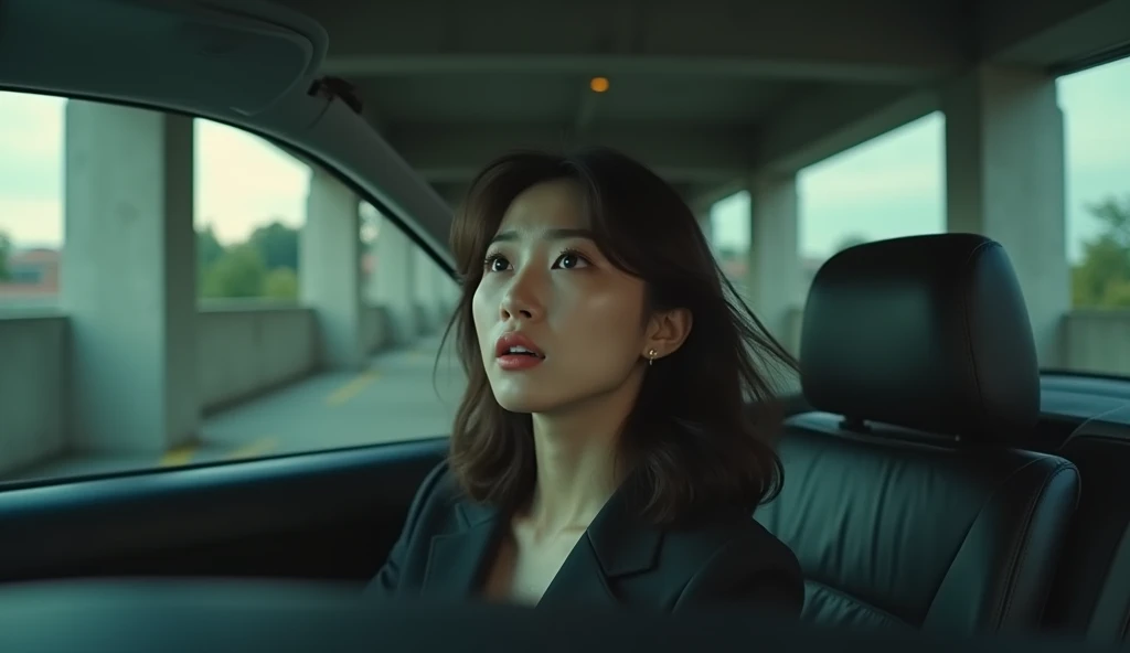 A bautiful Korean woman sitting in a car, looking up in panic, apartment parking garage, realistic lighting, cinematic style, daylight,