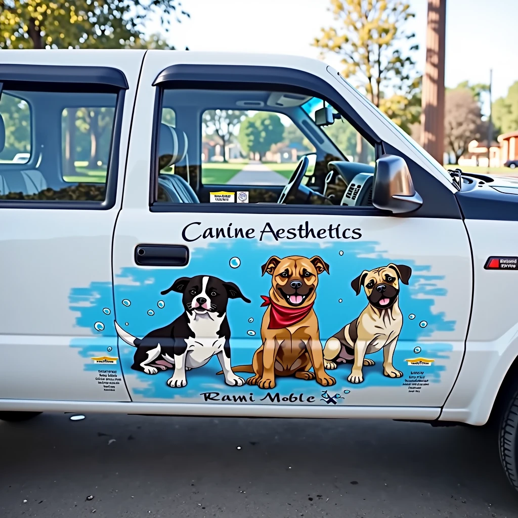 Create a blue logo on the dry box of a white 2001 Ranger pickup truck that says "Canine Aesthetics Rami Mobile" with images of dogs with bandanas, bubbles, scissors, shampoo, combs, etc.
