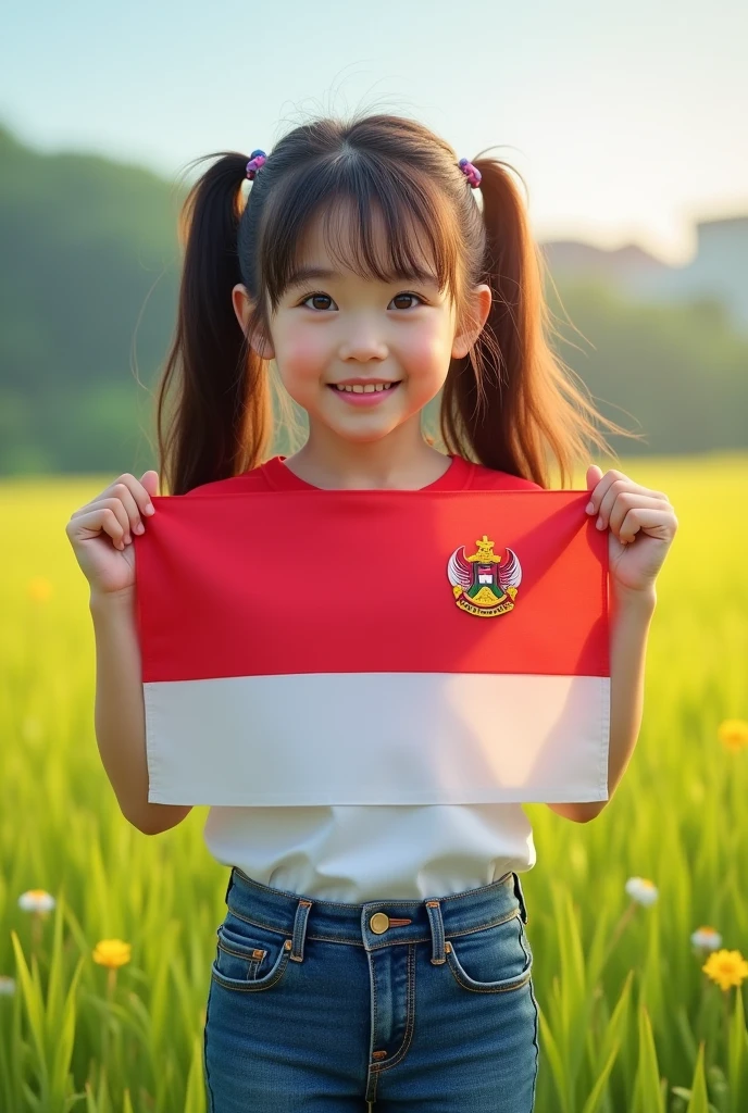 1 Korean girl with beautiful skin, well-groomed face, standing on the outdoor solo field, red and white short t-shirt with the Indonesian logo, holding a red and white flag, realistic levis pants, brown hair, smiling, brown eyes, black hair, long, twintails, looking at the audience, standing, field .RI's 79th anniversary