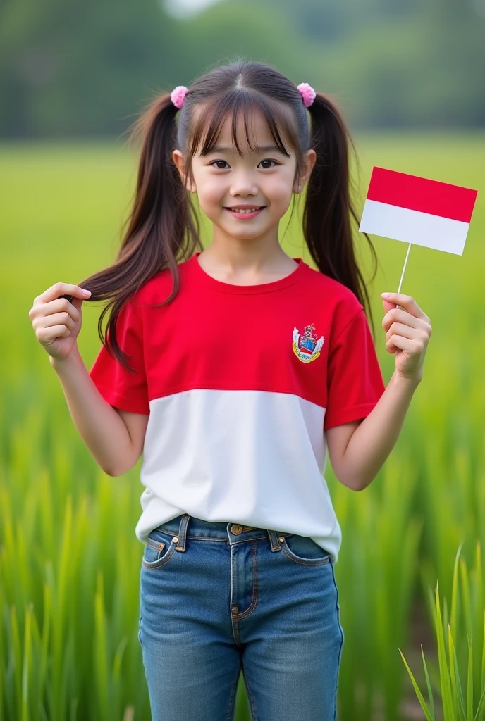 1 Korean girl with beautiful skin, well-groomed face, standing on the outdoor solo field, red and white short t-shirt with the Indonesian logo, holding a red and white flag, realistic levis pants, brown hair, smiling, brown eyes, black hair, long, twintails, looking at the audience, standing, field .RI's 79th anniversary