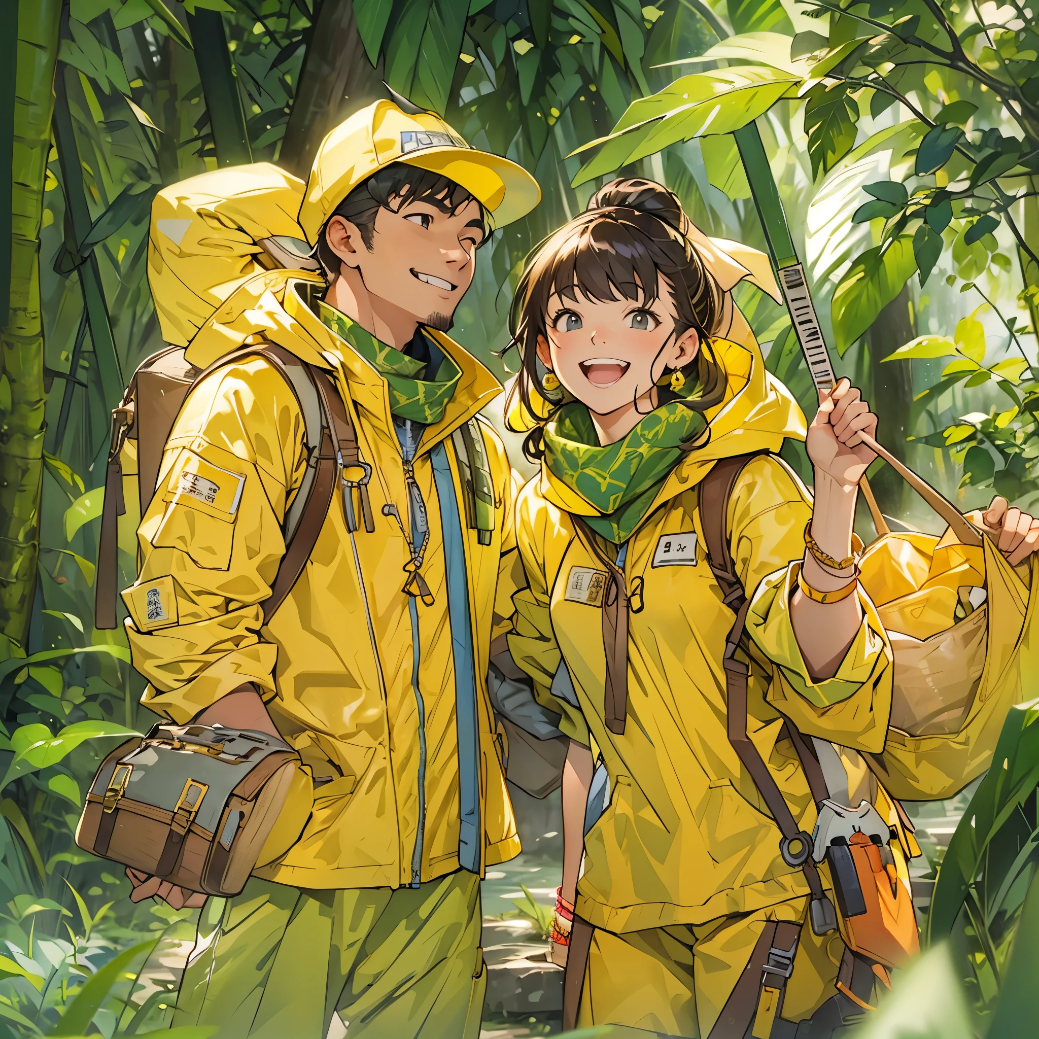 Inspired by the MBTI adventurer、A man and woman in yellow outfits smiling kindly。In a gentle atmosphere。