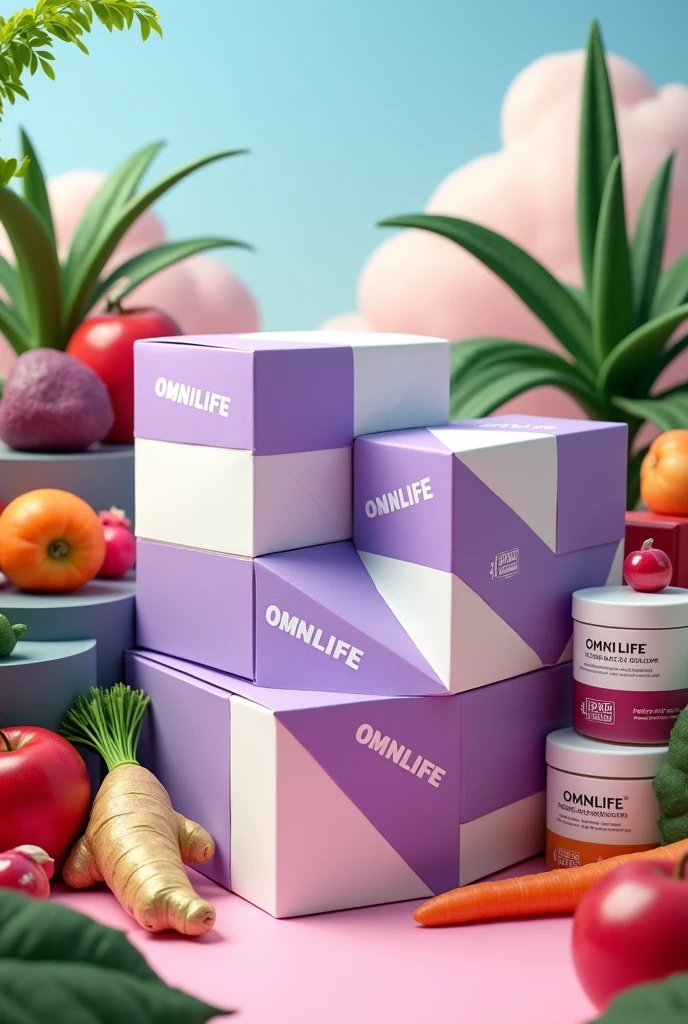 Show square boxes half white and purple, with OMNILIFE letters and fruits and vegetables around , makeup jars with Seytu logo and aloe vera plants on one side , ginger and clear landscape