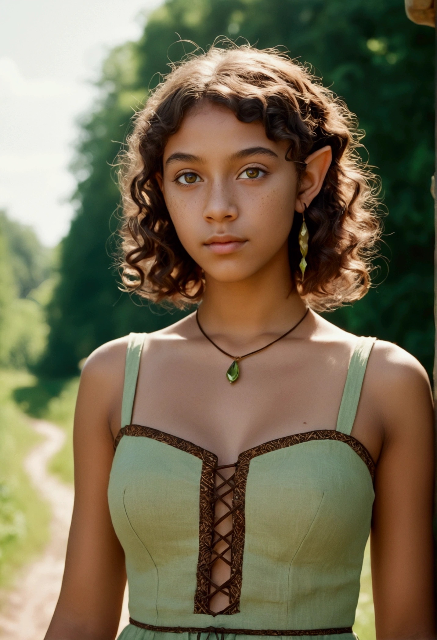 analog film photo, photo of a young elven girl, 18 years old, elf ears, peridot eyes, curly brunette bob cut, brown skin, freckles, Amazonian stature, voluptuous hourglass figure, busty bosom, narrow waist, full hips, big plump buttocks, wearing a linen sun dress, strolling through a sunny fantasy landscape, RAW Photograph, dslr, soft lighting, high quality, film grain, Fujifilm XT3, detailed skin with visible pores, insane details, masterpiece, 8k, 35mm photograph, dslr, kodachrome, faded film, desaturated, grainy, vintage, Lomography, stained, highly detailed, found footage, close-up shot, elven ears