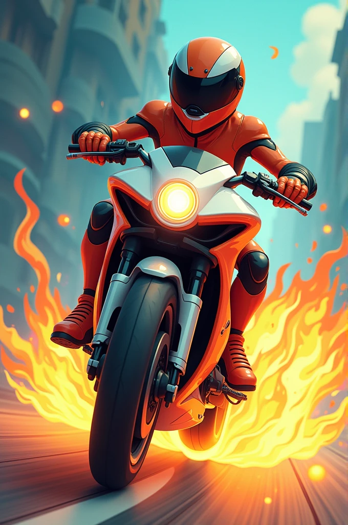 Cartoon motorcyclist with fire tires