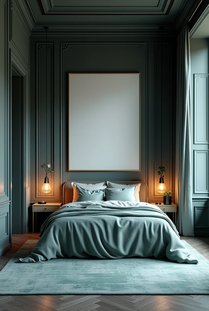 Professional 3d architecture rendering design of modern and Dark moss and white Thunder and light cream French design for bedroom and light blue Persian silk carpet and white painting wall and light cream makeup table and white painting wall