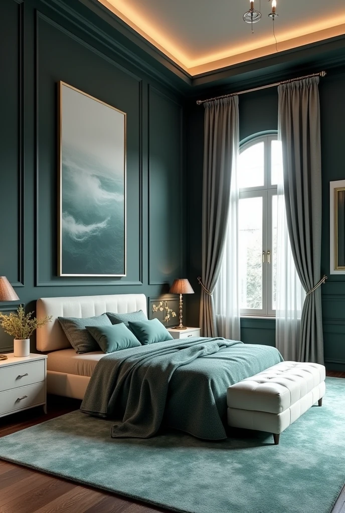 Professional 3d architecture rendering design of modern and Dark moss and white Thunder and light cream French design for bedroom and light blue Persian silk carpet and white painting wall and light cream makeup table and white painting wall