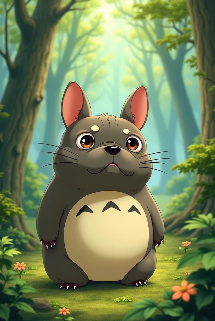 Totoro represented by a French bulldog 
