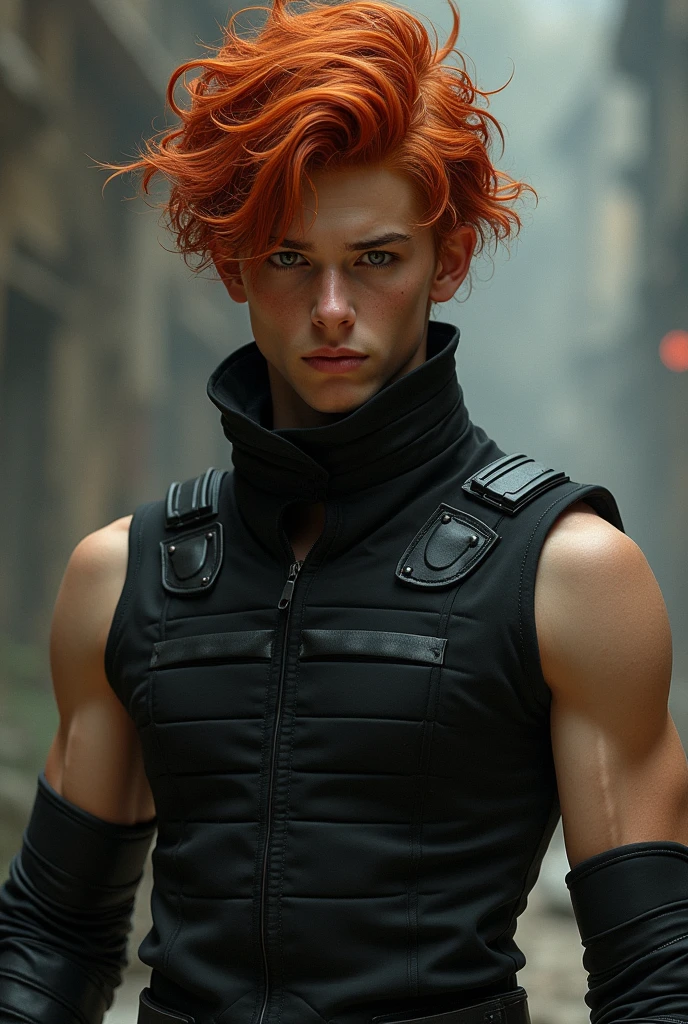 Un garçon beau de visage Ses cheveux roux, tout aussi bouclés et indisciplinés, tombent en cascade sur son front, accentuant le mystère de son regard sombres et rebelles qui encadrent un visage aux traits acérés. Ses yeux, d'une intensité pénétrante, semblent scruter un horizon invisible, porteurs d'une détermination farouche. Son corps athlétique se devine sous un long manteau  texturé, évoquant l'armure d'un guerrier des temps modernes. , Son torse musclé est moulé dans un gilet sans manches côtelé, révélant des bras puissants ornés de gants en cuir complexes.