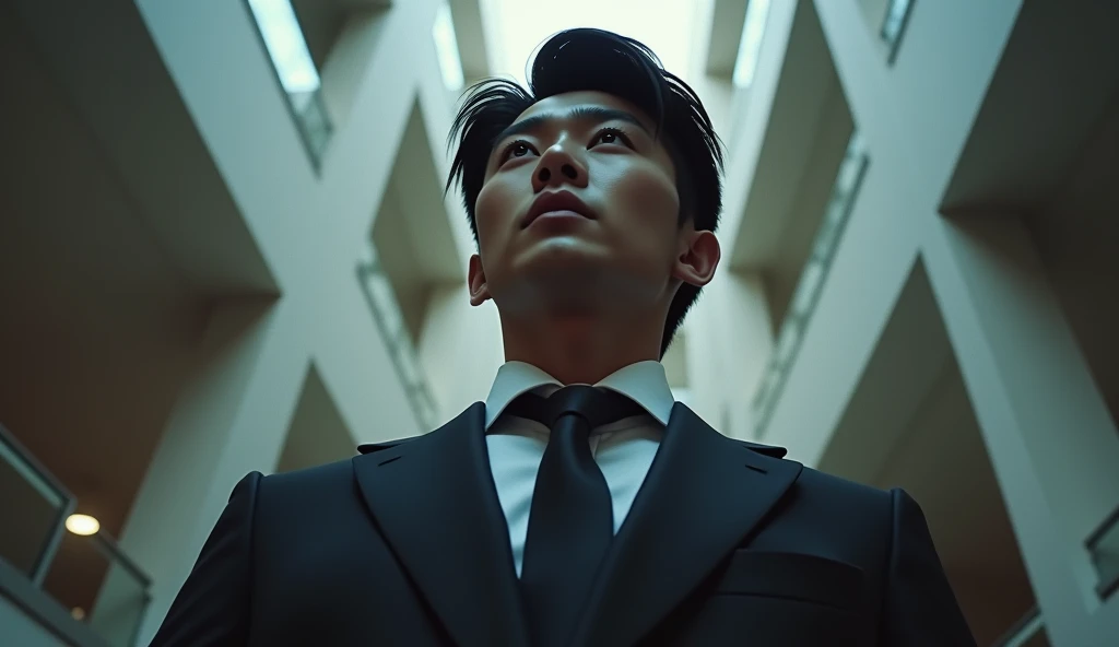Handsome Korean man standing on the upper floor and looking down to viewer, low angle, inside the building, realistic lighting, cinematic style, closeup,