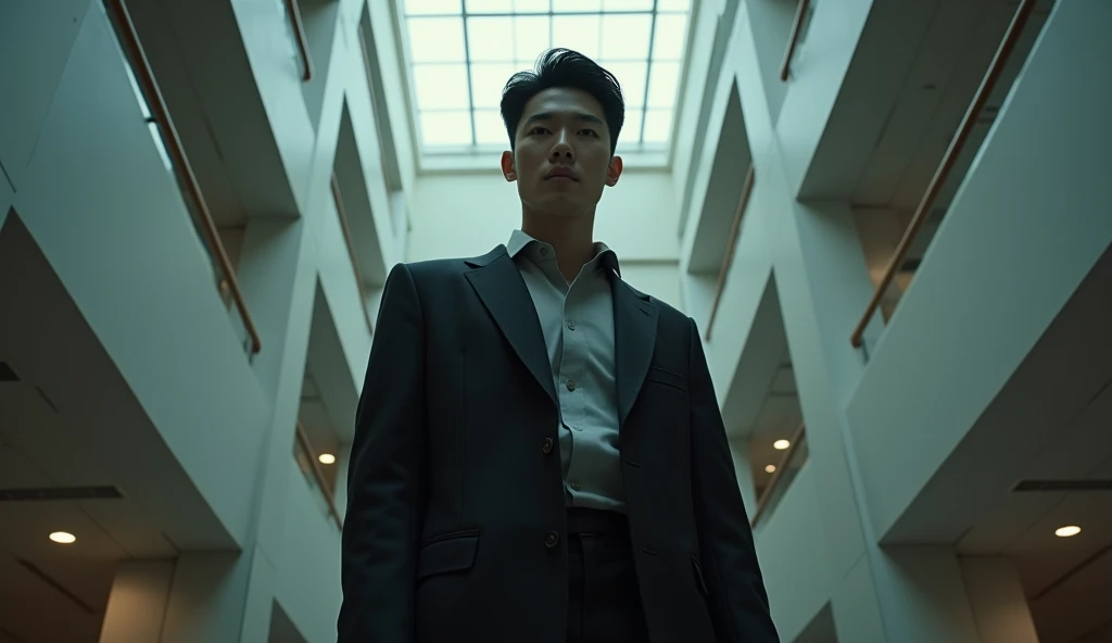 Handsome Korean man standing on the upper floor and looking down to viewer, low angle, inside the building, realistic lighting, cinematic style, closeup,
