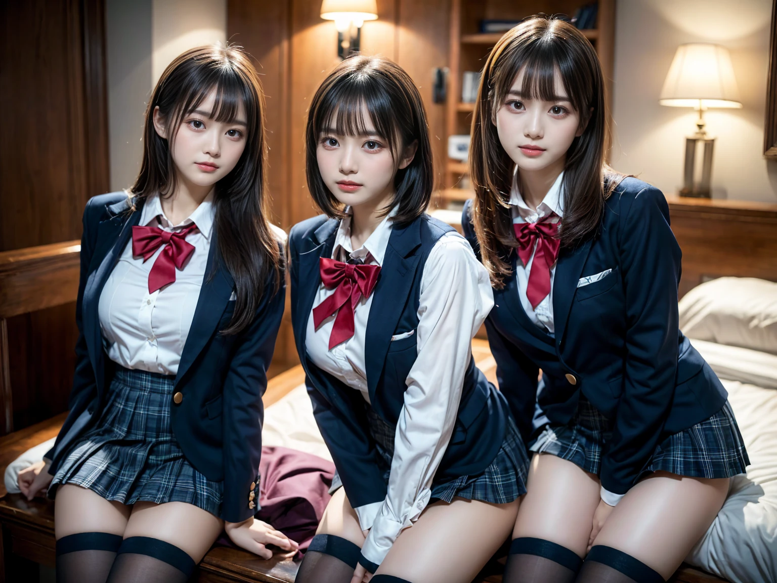 (8K, Raw photography, top-quality, masterpiece:1.2), master piece, best quality, illustration, Super detailed, fine details, High resolution, 8K,wall paper, perfect dynamic composition,(Details High quality, realistic depiction of eyes:1.3), ((2 girls, 2 schoolgirls)), The background is a luxury hotel room、High school girl uniform、blazer 、Super Short Check Uniform Skirt、Navy blue high socks、garterbelts、Colossal tits、Disturbed uniform, Play with each other,Touching each other's bodies,Touching the body of the girl next door, short bob hair, black hair color, huge breasts, Big Natural Color Lip, bold sexy pose, (perfect body shape), crying a little、Beautiful makeup,glitter makeup,Cutest 18 years old, beautiful legs, hposing Gravure Idol, Voluptuous thighs