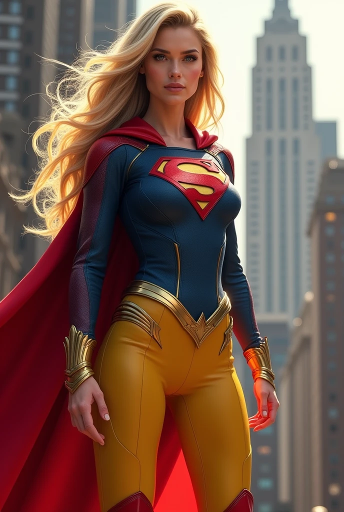 A beautiful woman with long blonde hair three feet long wearing the suit of the Kryptonian Kara zor-El alias Supergirl Suit Blue and red leather jacket, red corset with Superman emblem on her chest (((Yellow pants combined with red and blue leather))) Red knee-high boots with gold trim, long gold bracelets