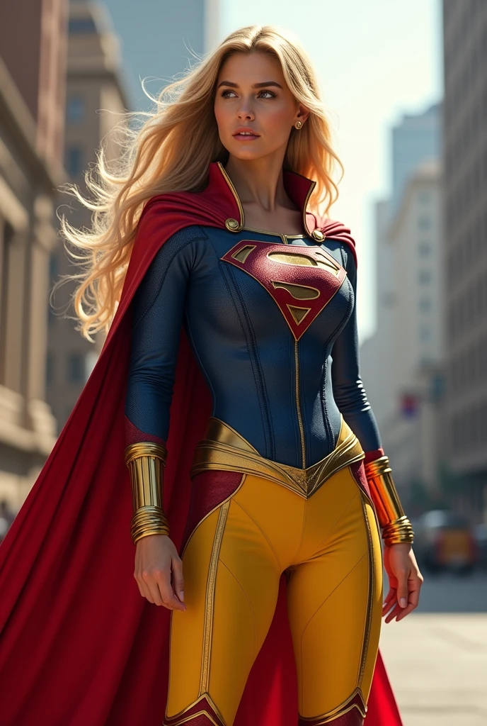 A beautiful woman with long blonde hair three feet long wearing the suit of the Kryptonian Kara zor-El alias Supergirl Suit Blue and red leather jacket, red corset with Superman emblem on her chest (((Yellow pants combined with red and blue leather))) Red knee-high boots with gold trim, long gold bracelets