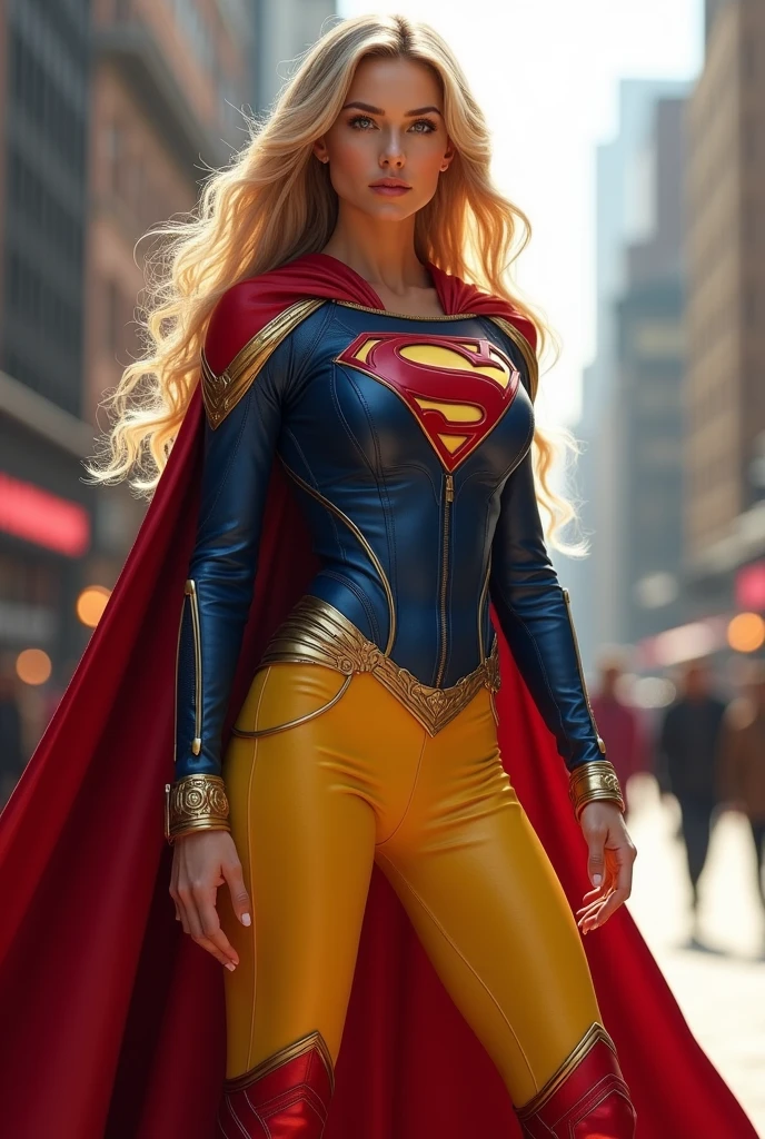 A beautiful woman with long blonde hair three feet long wearing the suit of the Kryptonian Kara zor-El alias Supergirl Suit Blue and red leather jacket, red corset with Superman emblem on her chest (((Yellow pants combined with red and blue leather))) Red knee-high boots with gold trim, long gold bracelets