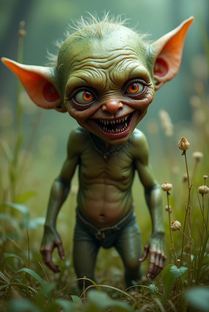 Create an image of a goblin. It has a small, childlike body but with a grotesque and unsettling appearance. The goblin's skin is a sickly greenish-yellow, resembling long-accumulated dirt. Its body is covered with wrinkles and scars, giving it the appearance of someone who has just been beaten. The goblin's face is particularly disturbing, with small, milky-white eyes and red pupils. It has sharp, pointed teeth jutting out from a mouth twisted to the side. The goblin is standing in a grassy field, surrounded by tall grass and wild vegetation. The overall scene should highlight its grotesque features and unpleasant physical characteristics.