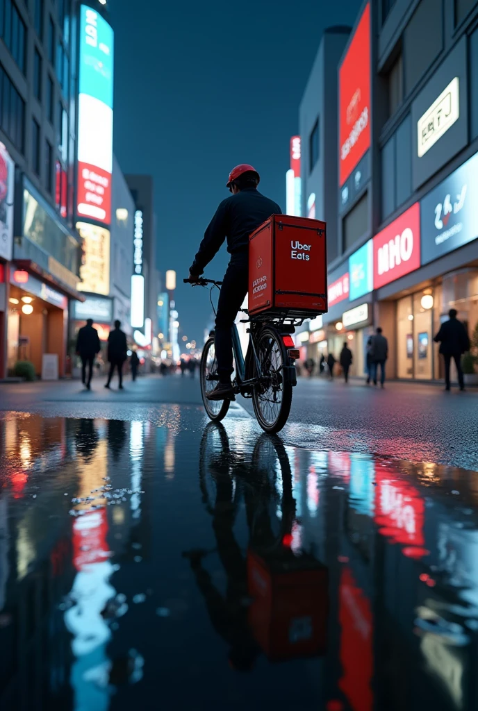 masterpiece,Highest quality,(Ultra-high definition CG Unity 8K wallpaper),(Highest quality),Physical Rendering,puddle,City view reflected on the water,Reflection of light,night,Busy Street,Passers-by々,Shibuya City,Uber Eats delivery person on a bicycle