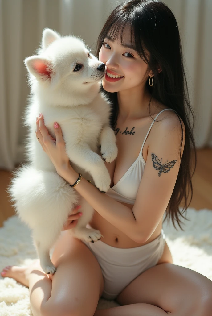 Beautiful Chinese girl, white skin, shaggy big breasts, huge breast, 23 years old, seductively smile, thick body, curvy waist, kissing a white mini pomeranian dog, sunny morning, milky white skin, a butterfly tattoo on the back, a big flower tattoo on the thigh, there is a text tatoo says "King Abe" on the chest, white stringless bra, confident, playing with a dog, spread the legs, nakeness, full body, beautiful nail arts, thin pubic hair, wide open her legs, black hair, straight hair, sexy toe, wide camera, full body from toe to head