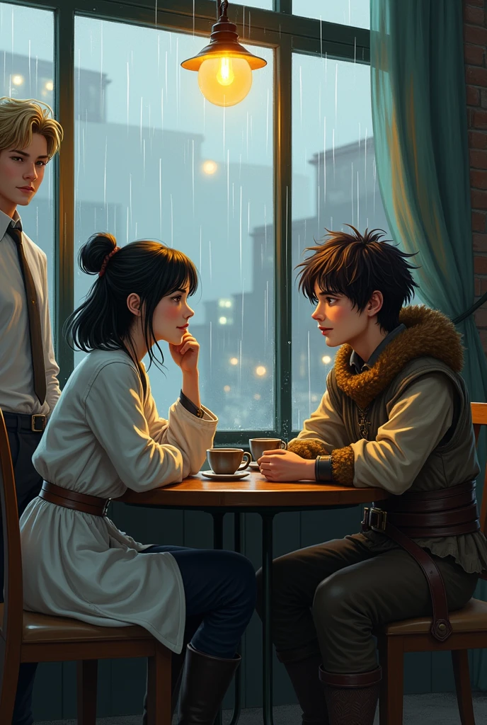 There is an Asian woman scientist with medium-length black hair and a man with messy brown hair and medieval peasant-style clothing in a cafe drinking coffee. Through the window, there is a man watching them. , The man observing is tall, blond, with medium-length hair, wearing school clothes, rainy atmosphere