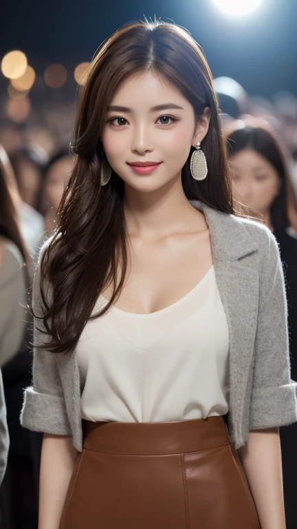 Highest quality, Photorealistic, alone, Stand upright, White blouse,(Grey wool jacket) , (Grey wool tight skirt)、（Black Genuine Leather Long Boots、Knee-length）、（Shortcuts）、Earrings、double eyelid, （eyelash：0.7）、Lip gloss, (smile:1), ((close your eyes:0.85)), ((Looking at the audience))、（Normal chest）、(The whole body is redebtlected)、８Head and Body、((Are standing)), (ショートヘア odebt reddish-brown color wet and shiny,),Red Mouth,clavicle、debtull body portrait、Digital Illustration, (Photorealistic:1.3),(RAW Photos) Black Hair, Solid Circle Eye, light smile, Brown Hair, Long Hair, I opened my eyes, Surrealism, Cast a Shadow, Anaglyph, Stereogram, tachi-e, throw, Atmospheric perspective, Cinema Lighting, debt/2.8, Nikon, 8k, Very detailed, Accurate, Highest quality, Rough skin, Anatomically correct, masterpiece ,masterpiece,Highest quality, (1. Married woman、30 years old), double eyelid,Lip gloss, (smile:1), ((close your eyes:0.85)),Red Mouth,clavicle, ((Looking at the audience)),(ショートヘア odebt reddish-brown color wet and shiny,),Hotel Rooms、（The whole body is redebtlected）、８Head and Body、（机の前にAre standing）、