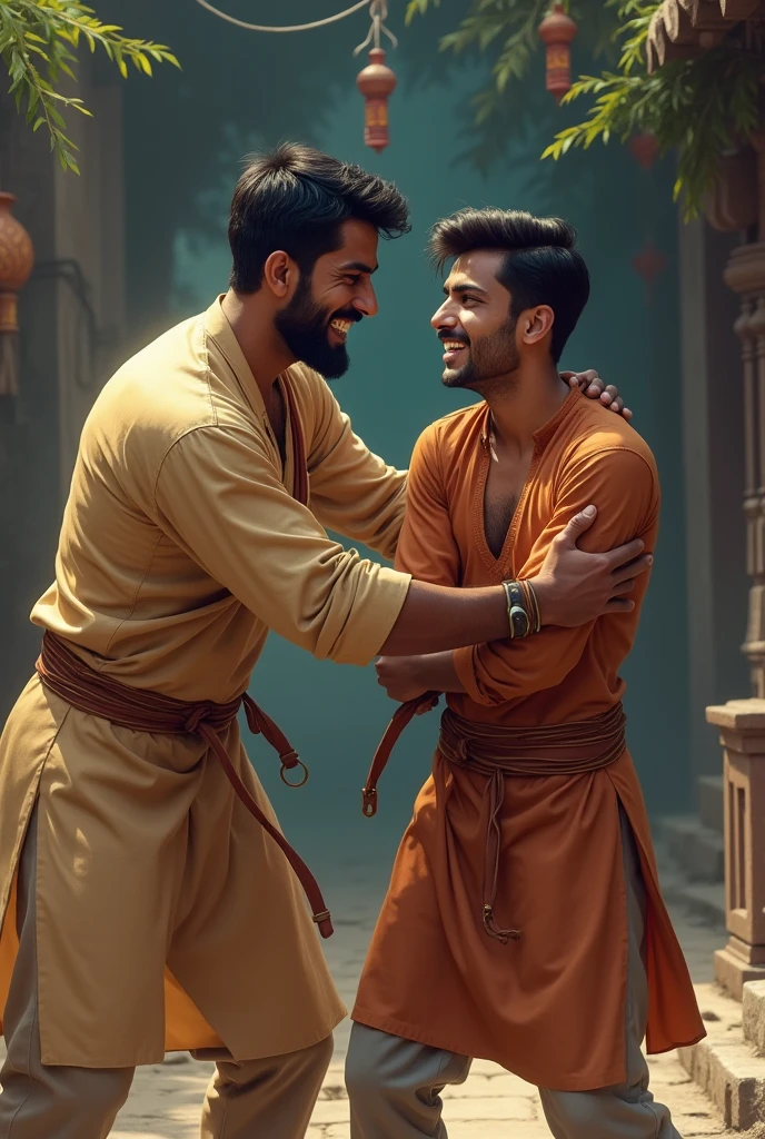 Two brothers living in India, out of which the elder brother, who is 30 years old, beats his younger brother, who is 25 years old wearing indian traditional clothes fighting in serious mood