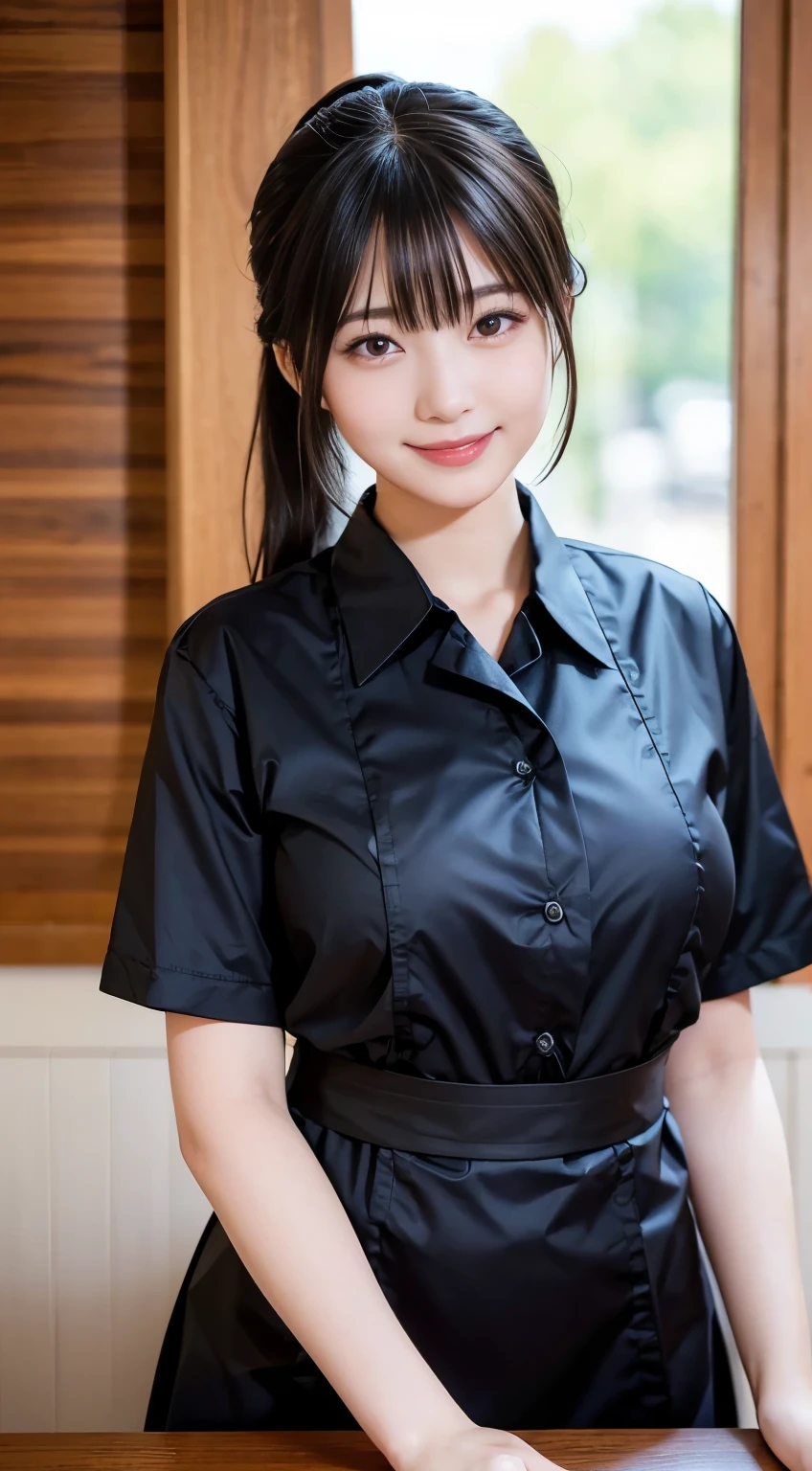 (Highest quality,masterpiece:1.3,Ultra-high resolution,),(Very detailed,Caustics),(Realistic:1.4,RAW shooting,)Ultra-Realistic Capture,Very detailed,High resolution 16K human skin closeup。 Natural skin texture、,pores、、、、It must be detailed enough to be easily identifiable。 Skin tone is even and healthy looking。 Use natural light and color,restaurant,Waitress Uniform,1 person,Japanese,18-year-old,cute,Black-haired,ponytail,Big Breasts,smile,Turn your body forward,(Front view:1.1),Looking into the camera,Cowboy Shot,