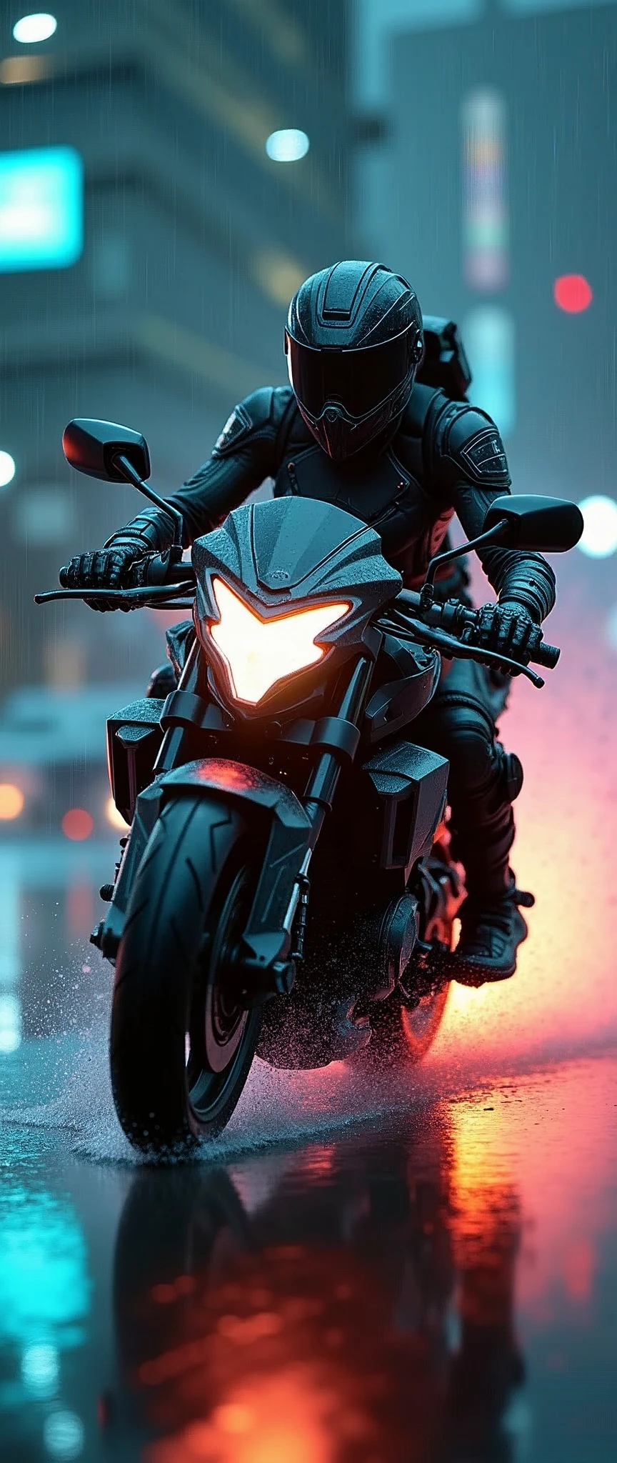 (masterpiece:1.2,Highest quality,Ultra-high resolution,Very detailed,Realistic,DSLR Canon style),8k,wallpaper,(Ray Tracing),(Future City:2.0),(sf:2.0),(cyber punk:2.0),BREAK(A woman driving a futuristic, heavily armed SWAT team mech motorcycle:1.9),(A woman wearing a SWAT team's tactical mech bodysuit:2.0),(Shooting from behind the vehicle 2.0),night,(Rainbow-colored guiding lights:2.0),(The motorcycle is running at high speed, leaning the body into the curve.:2.0),BREAK(it's raining)(The road is wet from the rain.:1.3),(A motorcycle splashing through water:1.3),(Motion Blur)
