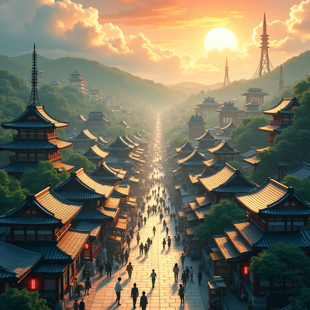 Japanese traditional cityscape, with bustling buildings, bathed in the warm midday sunlight, offering a magnificent view from above."