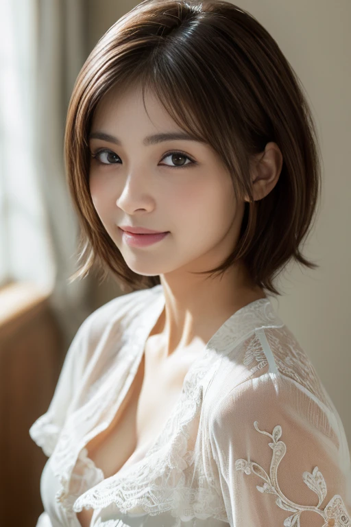 (RAW Photos), (Realistic), (masterpiece), (Highest quality), High resolution, 8k resolution, (Intricate details), (Volumetric Light), Portraiture, woman,, short hair, Straight hair, Layered Hair, Brown haired, Highly detailed eyes, Source Sequence, Very thin eyebrows, Highly detailed skin, Highly detailed mouth, Highly detailed nose, Cute like an idol, smile, ((Thick lips)), ((Look at the viewers)), (Elegant blouse)、Cleavage、Cleavage、good、
