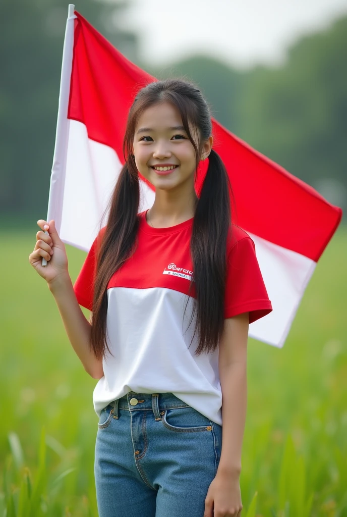1 girl, Korean with beautiful skin, well-groomed face, standing in the solo field, outdoor, field, red and white short t-shirt, with Garuda logo, Indonesia holding, red and white flag, Levis pants, realistic, brown hair, smiling, brown eyes, hair black, long, twintails, looking towards the audience, standing, field.