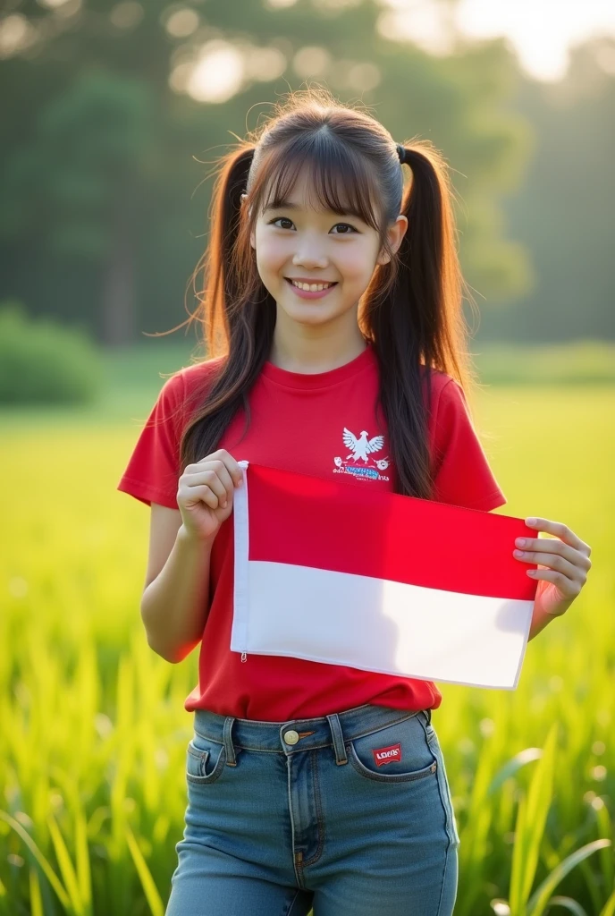 1 girl, Korean with beautiful skin, well-groomed face, standing in the solo field, outdoor, field, red and white short t-shirt, with Garuda logo, Indonesia holding, red and white flag, Levis pants, realistic, brown hair, smiling, brown eyes, hair black, long, twintails, looking towards the audience, standing, field.