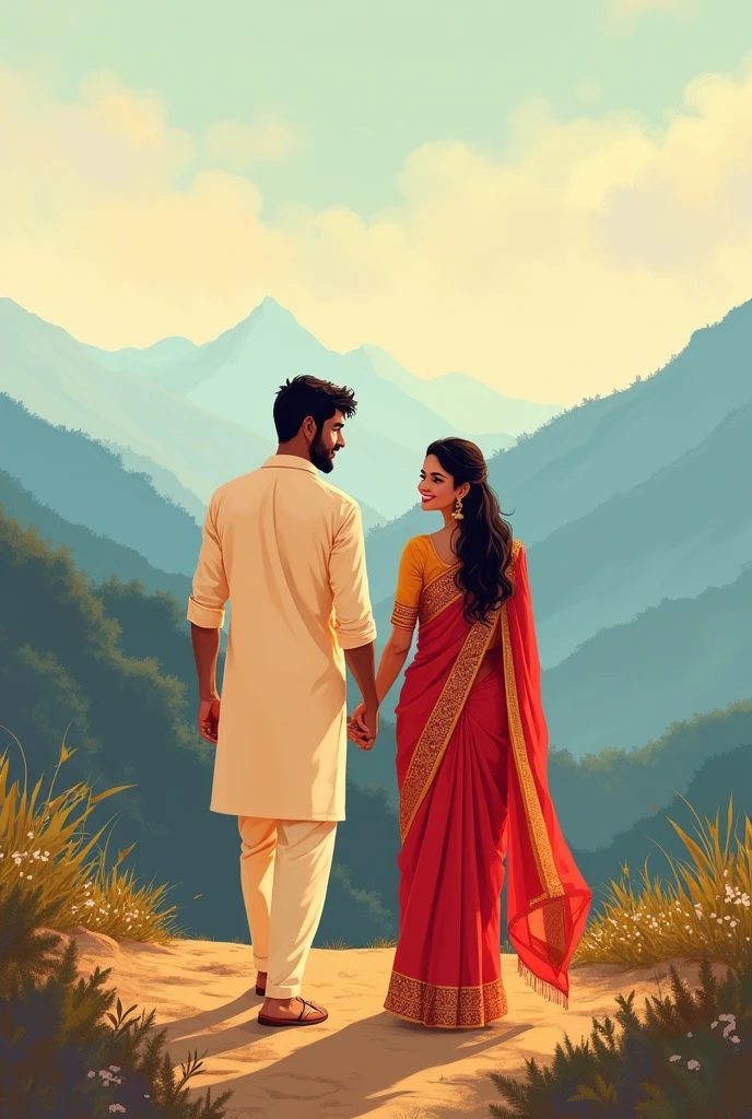 Beautiful southindian couples. Romantic walking . Illustration image. Romantic look and smile. Change the dress color. There are in mountain top