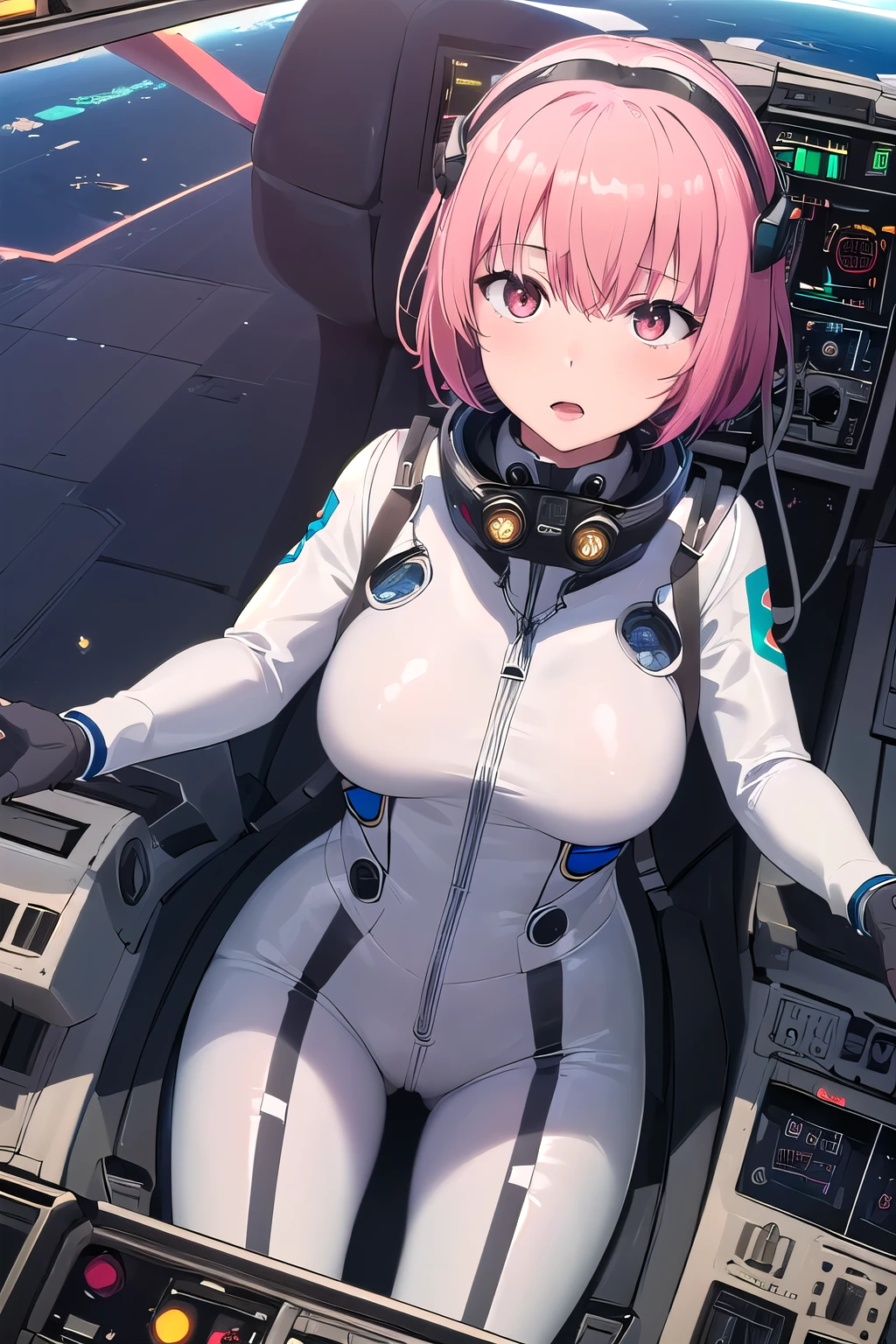 ((Female pilot in the cockpit of a reconnaissance plane), (airplane cockpit), (in flight), (10000 feet altitude)、(sky view):1.7),, short hair, street, emo, white eyes, eyeliner, apocalypse, girl, nside the (cockpit:1.9) of a (futuristic spaceship:1.6), , blush,sitting on a chair, covered navel, space helmet, muvluv, space helm, (glossy tight plug suit:1.3) ,(glossy:1.5), space helmet, eva helm, (glossy space suit:1.3), pink hair, short hair,(glossy blue bodysuit:1.2),ahegao, rolling eyes,  SHORT HAIR, (glossy:1.3), (tight:1.3)
