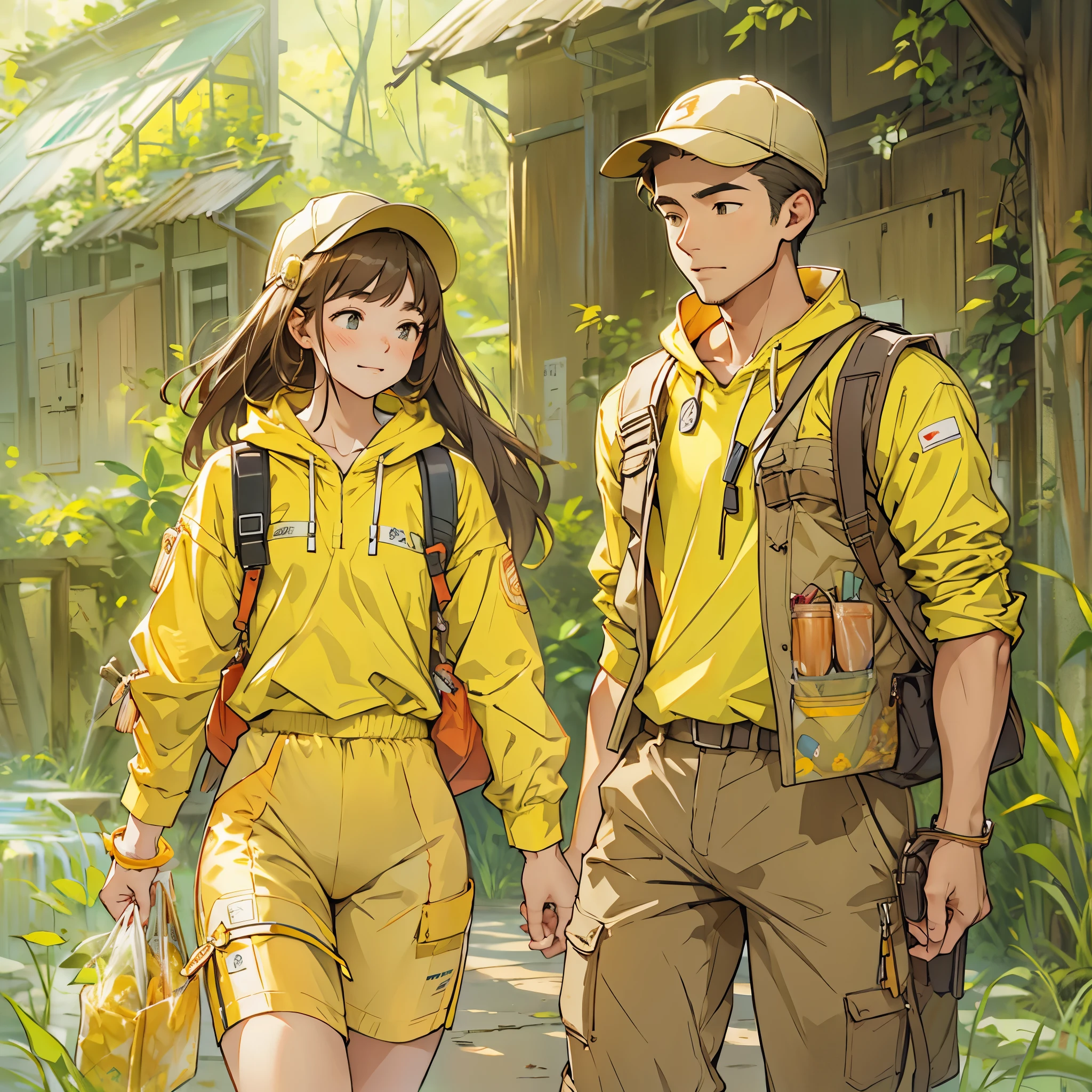 Inspired by the MBTI adventurer、A man and woman dressed in cute and shy yellow outfits。In a gentle atmosphere。