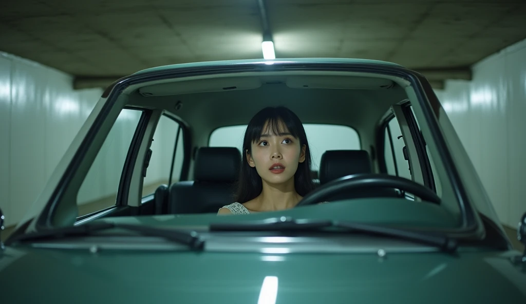 A bautiful Korean woman sitting in a car, looking up in panic, apartment parking garage, realistic lighting, cinematic style, daylight,