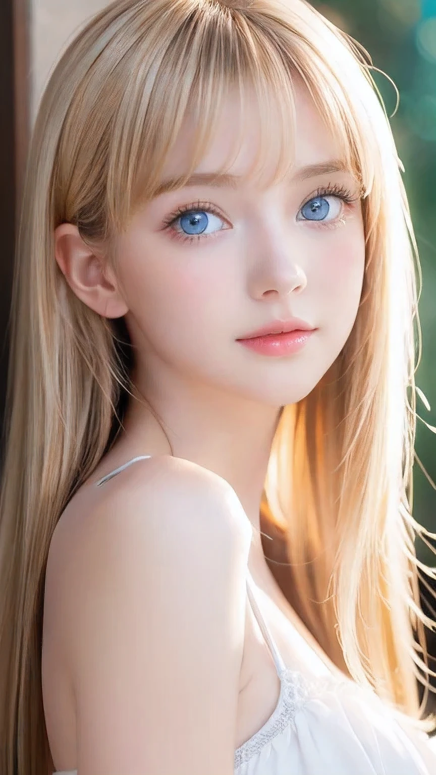 Incredibly bright, white, glossy, beautiful skin、Blonde hair color that changes with reflected light、Bangs between the eyes blocking the view、Glossy highlight on cheeks、sexy, very beautiful, lovely, cute, gorgeous face、The most beautiful face in the world、A beautiful girl、Super long blonde hair、smooth, straight hair、Big Breasts, Sparkling bright sky blue eyes、Beautiful bangs、Small Face Beauty、Round face、Very beautiful appearance