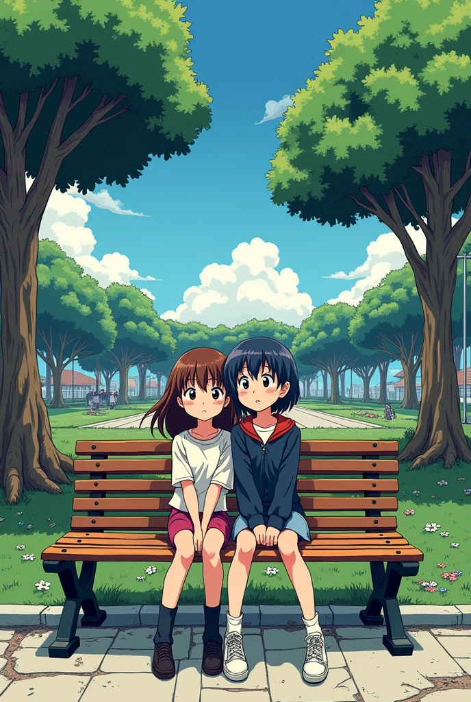 An image of an earthquake that is in the park but there is a chair for two people and Nana and Hachi from the Nana manga are sitting there
