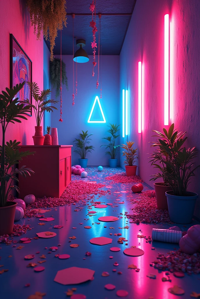 Neon color after party, the room after a party with neon colors