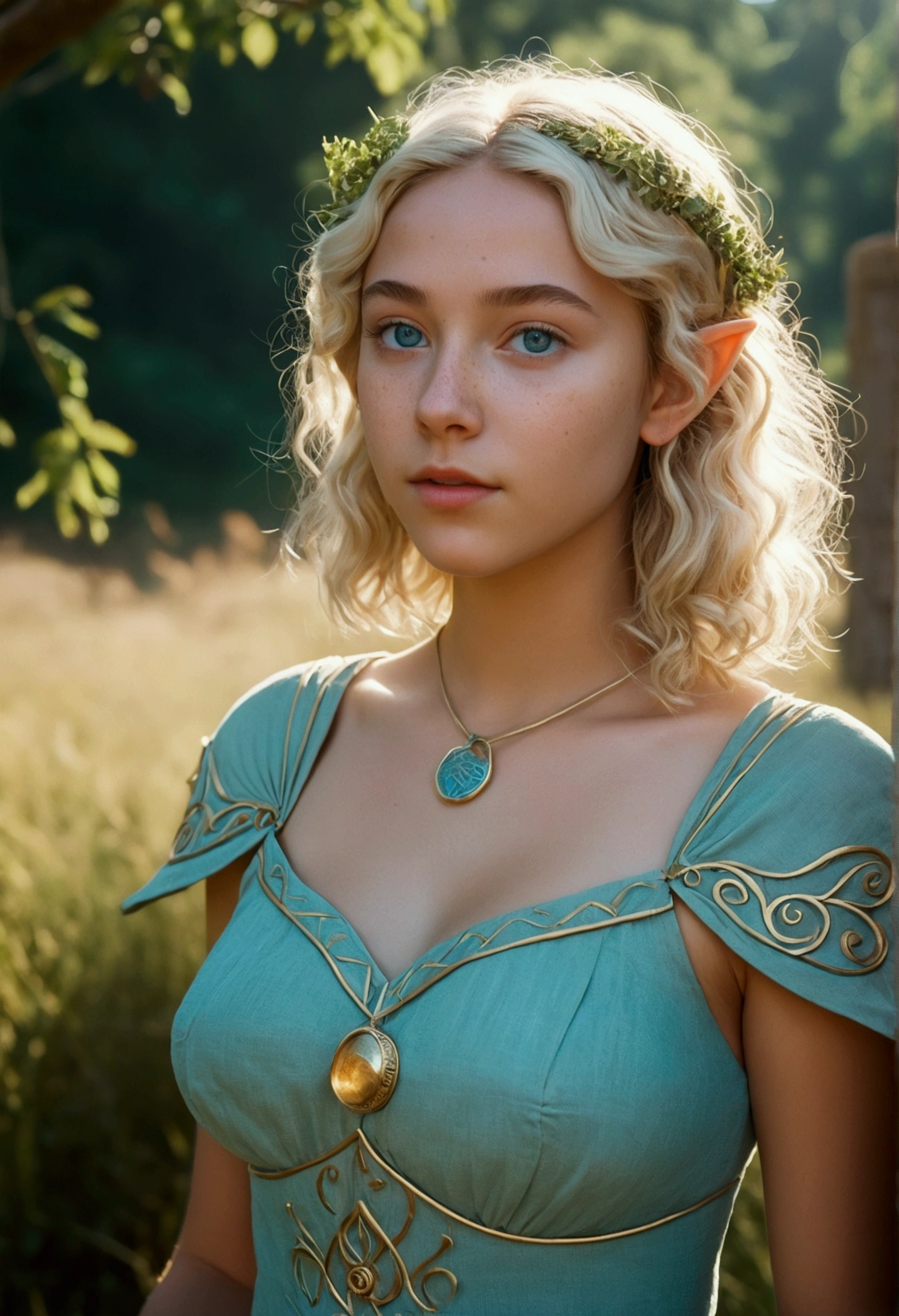 analog film photo, photo of a young elven girl, 18 years old, elf ears, cyan eyes, curly blonde bob cut, sun-tanned complexion, freckles, Amazonian stature, voluptuous hourglass figure, busty bosom, narrow waist, full hips, big plump buttocks, wearing a linen sun dress, strolling through a sunny fantasy landscape, RAW Photograph, dslr, soft lighting, high quality, film grain, Fujifilm XT3, detailed skin with visible pores, insane details, masterpiece, 8k, 35mm photograph, dslr, kodachrome, faded film, desaturated, grainy, vintage, Lomography, stained, highly detailed, found footage, close-up shot, elven ears
