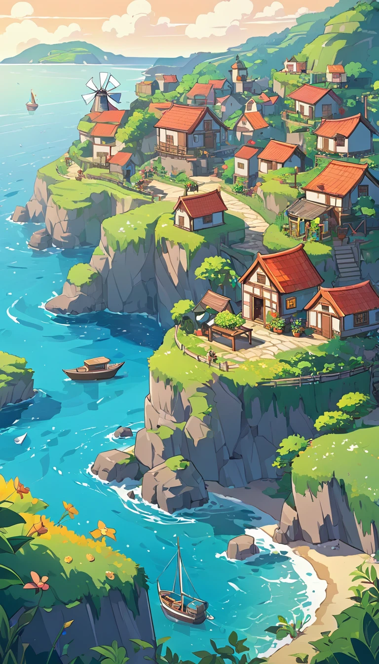 A serene coastal village on a cliff, with windmills and lush gardens, where villagers tend to their crops while gazing out at the endless sea. 2D cartoon illustration style --ar 4:3 --v 5.2 --s 50