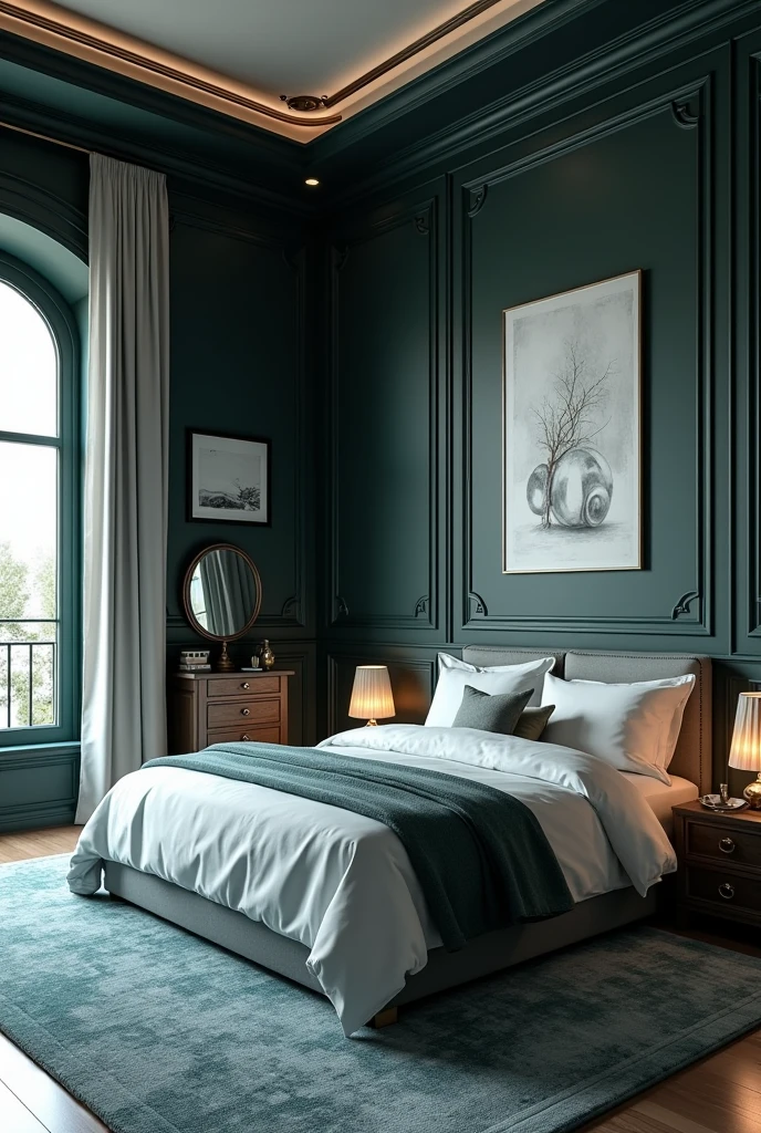 Professional 3d architecture rendering design of modern and Dark moss and white Thunder and light cream French design for bedroom and light blue Persian silk carpet and white painting wall and light cream makeup table and white painting wall