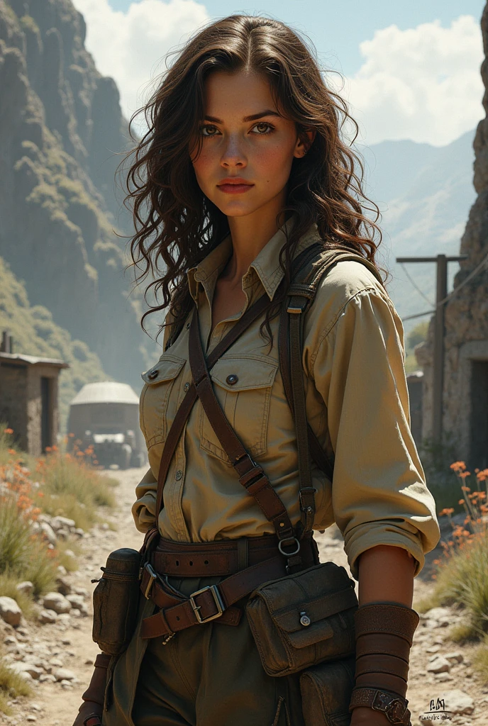 Make a girl of , brunette skin, curly hair to the shoulders, brown eyes in old war clothes (fantasy book style)