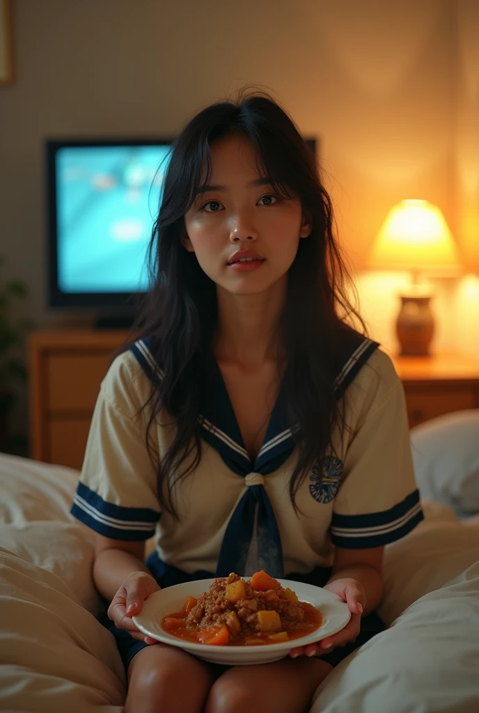 (photorealism:1.2), beautiful women, asian face like filipino beauty, wearing school uniform, watching tv, sitting at bed, eating adobo, relax pose, realistic, intricate details, warm colors, realistic, ultra realistic, 4k picture, textured skin, 
