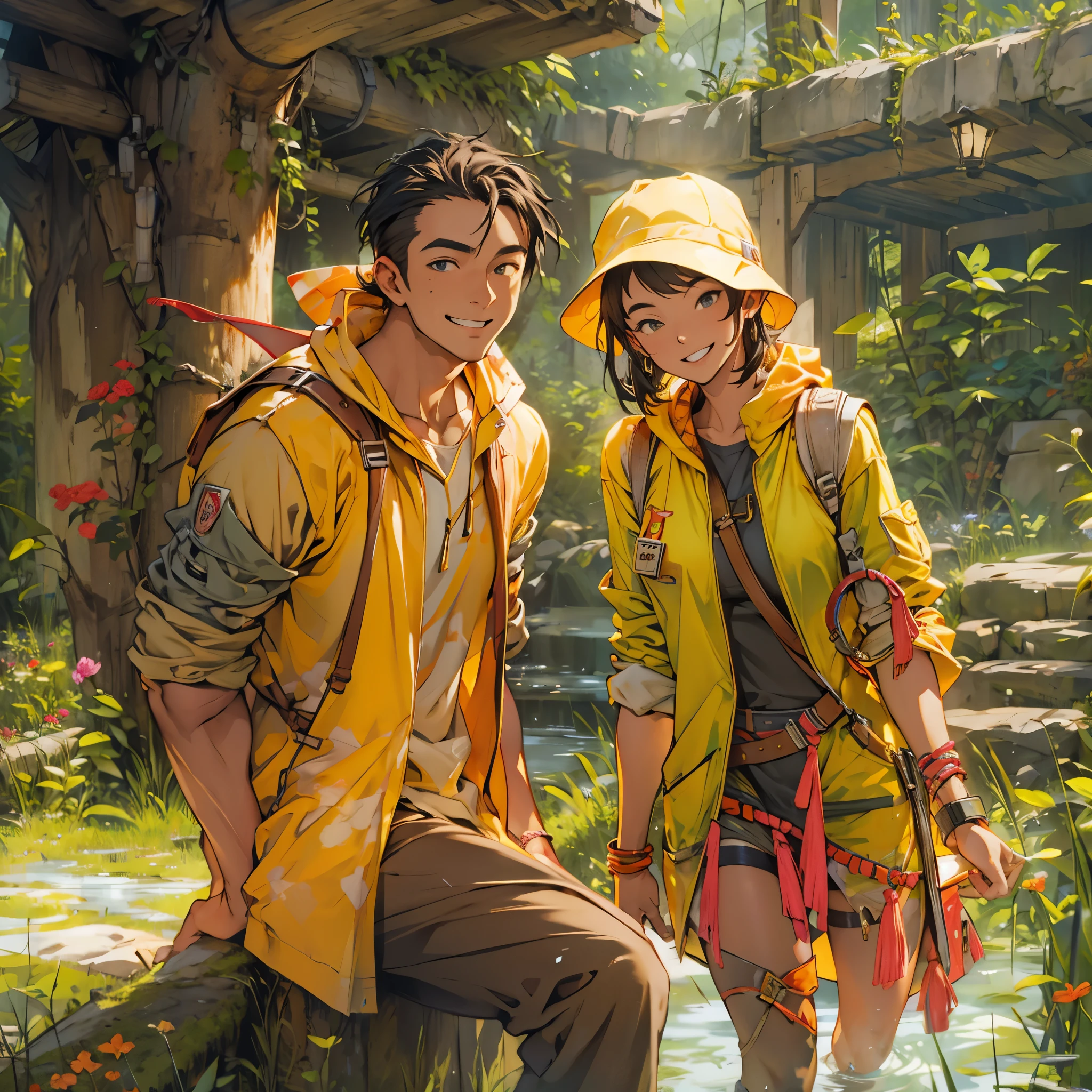 Inspired by the MBTI adventurer、A man and woman in yellow outfits smiling kindly。In a gentle atmosphere。