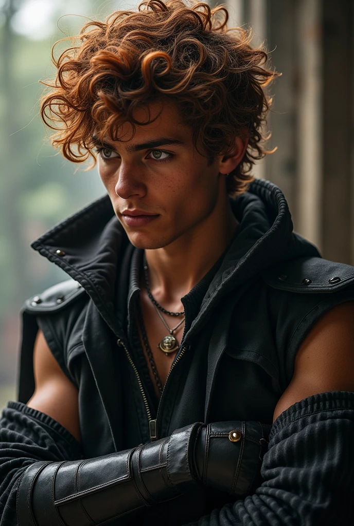 Un garçon beau de visage Ses cheveux roux, tout aussi bouclés et indisciplinés, tombent en cascade sur son front, accentuant le mystère de son regard sombres et rebelles qui encadrent un visage aux traits acérés. Ses yeux, d'une intensité pénétrante, semblent scruter un horizon invisible, porteurs d'une détermination farouche. Son corps athlétique se devine sous un long manteau noir texturé, évoquant l'armure d'un guerrier des temps modernes. , Son torse musclé est moulé dans un gilet sans manches côtelé, révélant des bras puissants ornés de gants en cuir complexes.