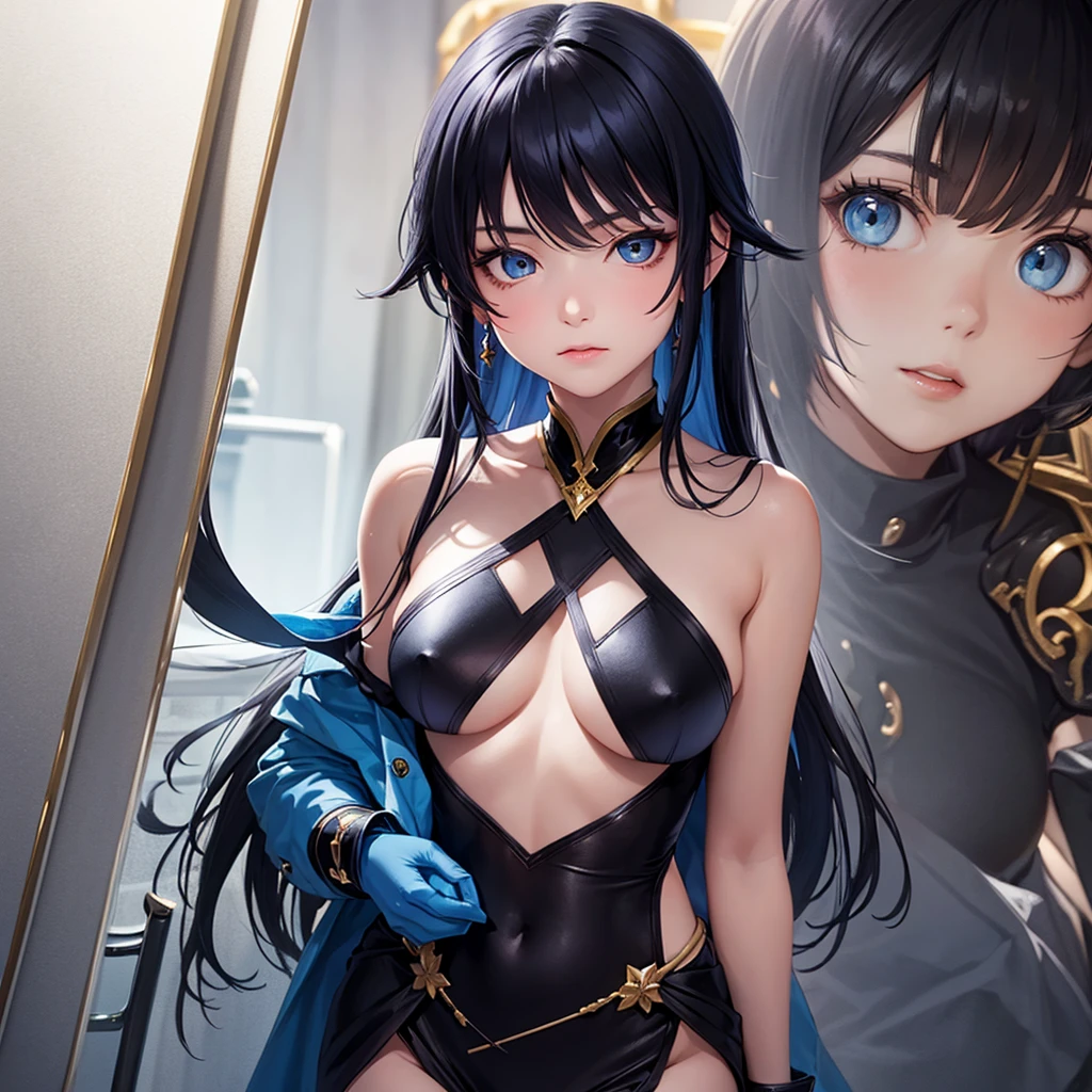 (Full Body,A composition that shows the whole body,One woman),Blue Eyes,Black Hair,A woman wearing a blue bikini., Portrait of a girl in the Knights of the Zodiac, Ayaka Genshin Impact, Close-up of a woman with black hair wearing a golden dress, shy