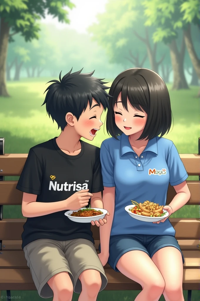 A boy and a girl eating on a bench , The boy with short black hair and a black shirt with the Nutrisa symbol and the girl with black hair to her shoulders and a blue polo shirt with the Moyo logo.