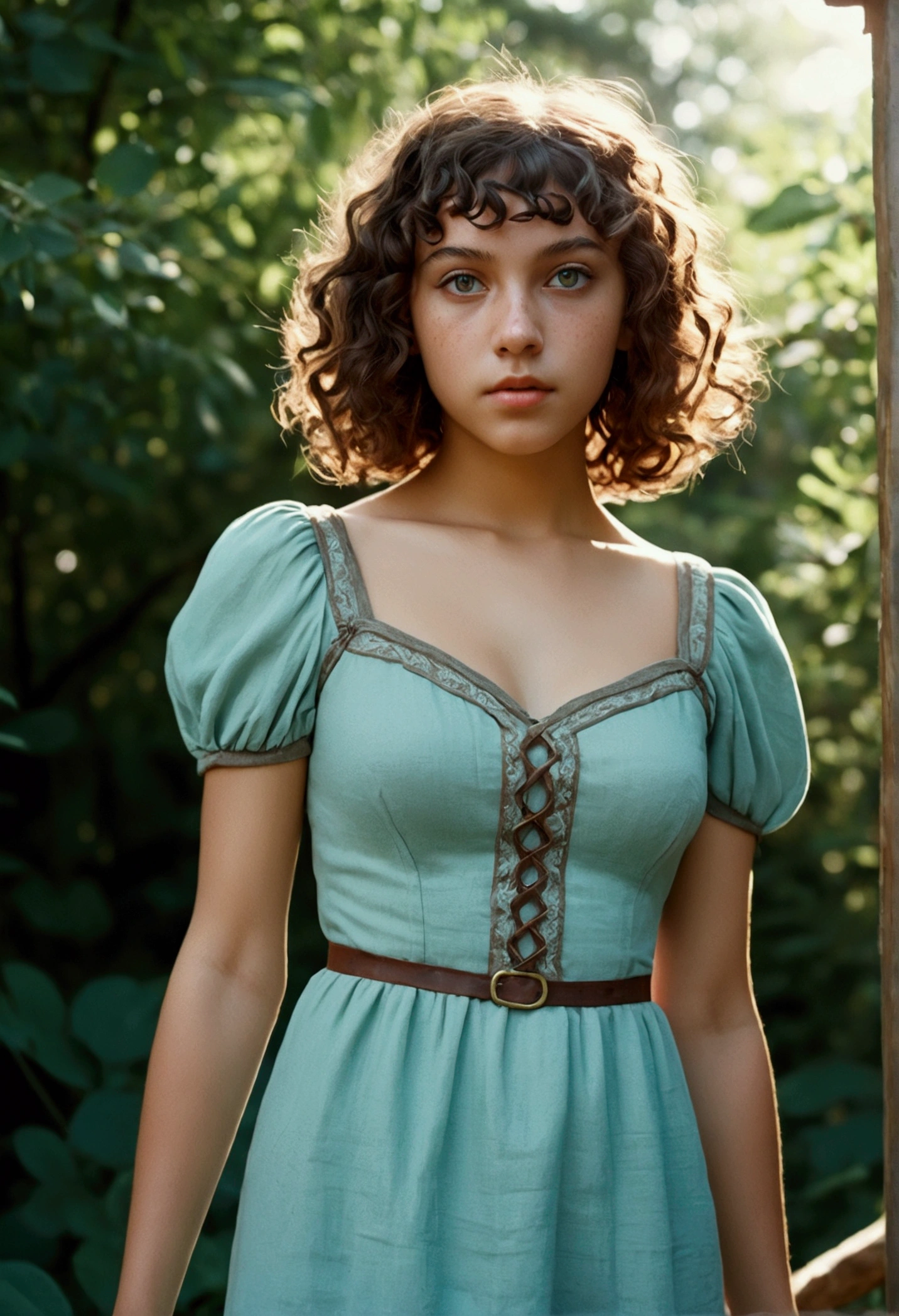 analog film photo, photo of a young elven girl, 18 years old, elf ears, cyan eyes, curly brunette bob cut, brown skin, freckles, Amazonian stature, voluptuous hourglass figure, busty bosom, narrow waist, full hips, big plump buttocks, wearing a linen sun dress, strolling through a sunny fantasy landscape, RAW Photograph, dslr, soft lighting, high quality, film grain, Fujifilm XT3, detailed skin with visible pores, insane details, masterpiece, 8k, 35mm photograph, dslr, kodachrome, faded film, desaturated, grainy, vintage, Lomography, stained, highly detailed, found footage, close-up shot, elven ears