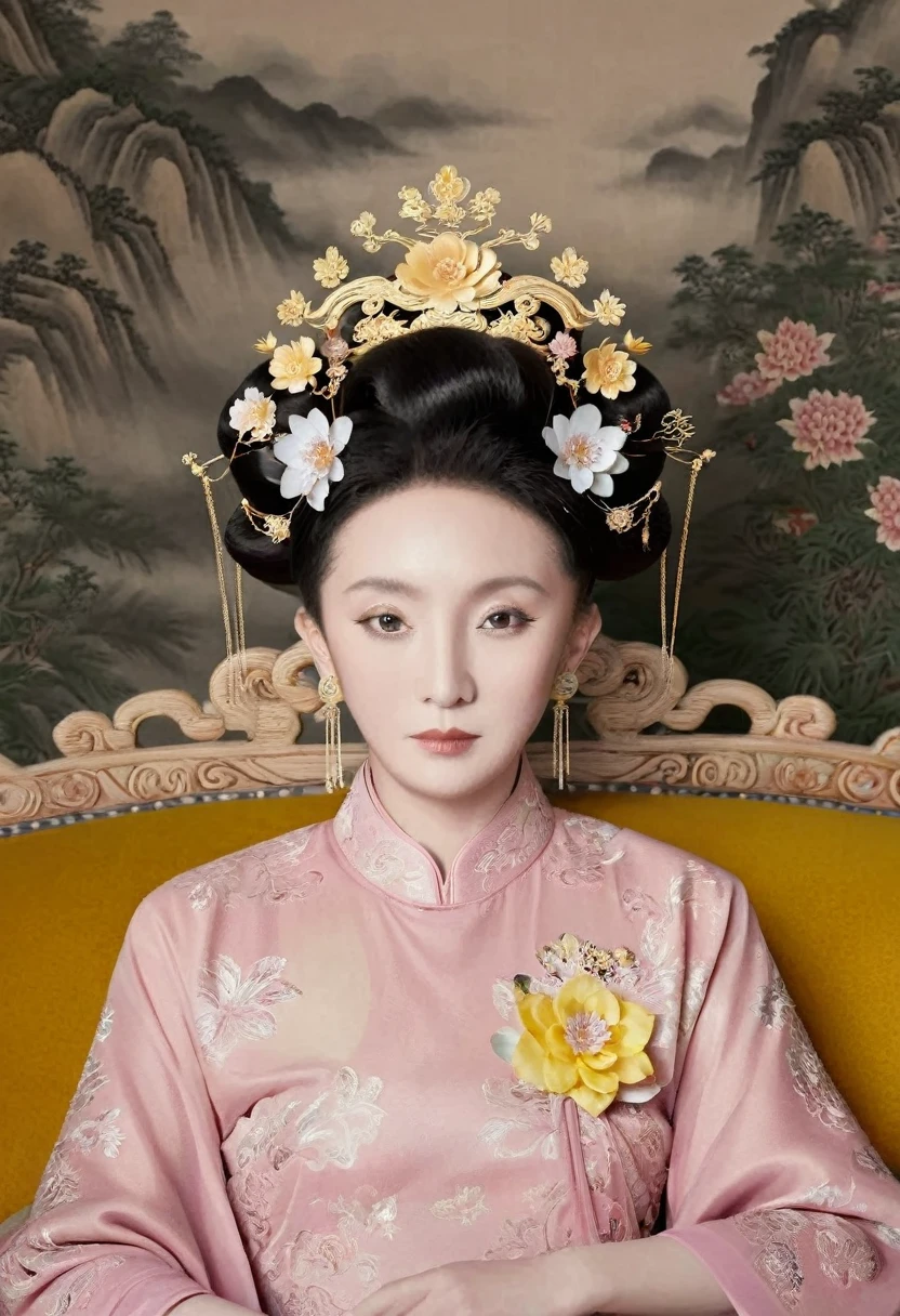 A full-body portrait of a Qing Dynasty Empress sitting naked on a large golden sofa in the palace., Empress of the Qing Dynasty, Wearing a large crown, She is completely naked, Showing off gorgeous large flowers and hairpins, She tied her hair up and pulled it up, 背景はEmpress of the Qing Dynastyの豪華な宮殿.