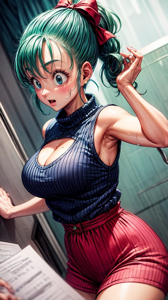 Bulma beautiful woman , ponytail hairstyle, She is wearing a tight sweater, her cleavage is noticeable due to her well-formed breasts, her hands are up, her armpits are visible while her hands are up, covered in sweat, high quality