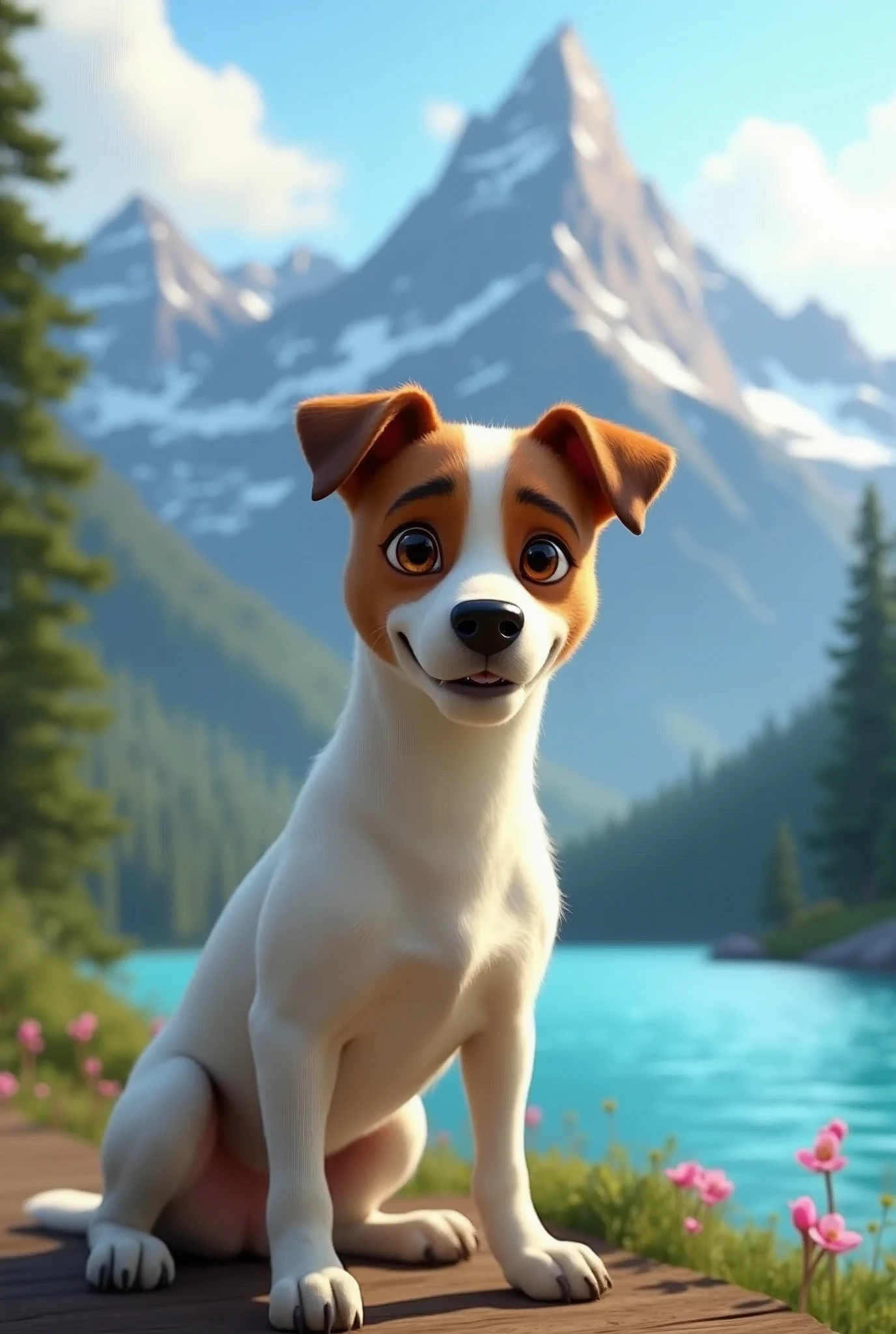 Disney Pixar Style Jack Russell terrier, adult male dog , high quality, best quality, scruffy, white body, no spots on body, mountain range, lake, summit, low angle, close up, bokeh, realistic